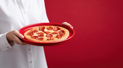 Delicious pizza served on a red plate with melted cheese and pepperoni, showcasing casual dining, comfort food, and fast food appeal in a modern restaurant setting