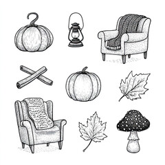 Autumn Home Comfort Doodle Set – Hand-Drawn Armchairs, Pumpkins and Lantern for Cozy Interior Vibes