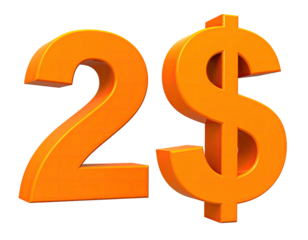 Bright orange 3D rendering of a $2 symbol, with a shadow, on a black background