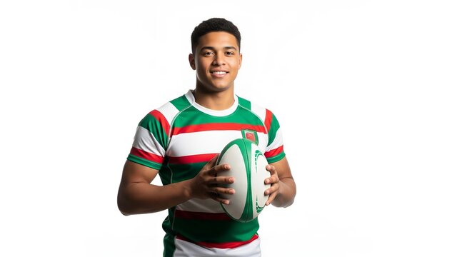 Rugby Player Portrait – Bold Striped Uniform & Ball in Focus