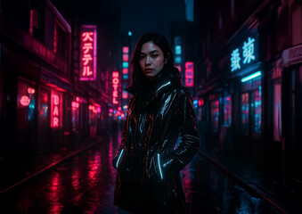 Cyberpunk-inspired futuristic alley with neon-lit signs, a woman in a glossy black jacket glowing under streetlights, urban rain-soaked reflections creating a cinematic science fiction mood.