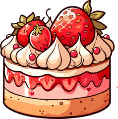 Premium Strawberry Shortcake Vector Illustration – Whipped Cream Topping with Fresh Strawberries and Cute Dessert Style