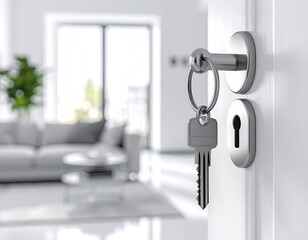 Ajar white door with keys in focus; blurred living area in background