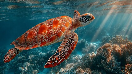 Large sea turtle swims through shallow water with sunrays filtering through to colorful coral below