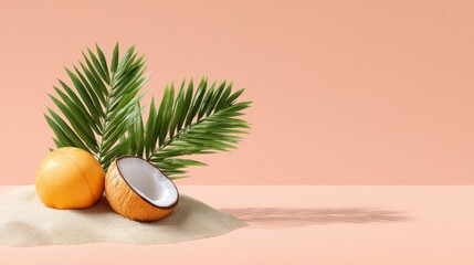 Vibrant tropical coconut with lush palm leaves and natural fruit for healthy lifestyle, summer relaxation, and exotic scenery in outdoor beach environment