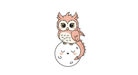 Fototapeta premium Dreamy owl dragon hybrid perched on a sleepy moon, whimsical fantasy art for children's books and nursery decor, cute fairytale animal illustration