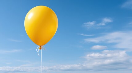 Bright yellow balloon floating in clear blue sky during outdoor celebration, festive atmosphere, cheerful and vibrant scene perfect for party or event