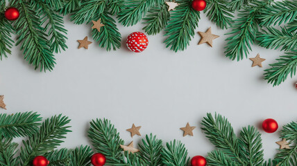 New Year festive background featuring copyspace with holiday decorations and greenery