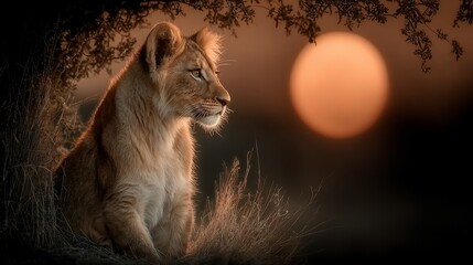 Lion cub perched in dry grass, gazing right against a sunset backdrop under overhanging branches