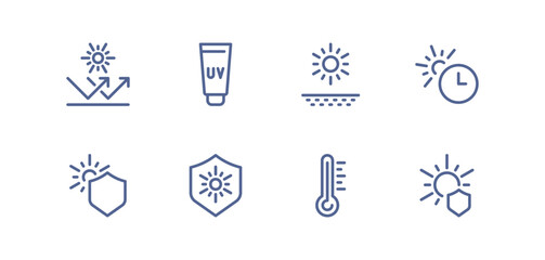 UV protection icon set, sunscreen, sunblock, sun rays, skin safety, temperature heat, solar shield, sun care, ultraviolet radiation, healthcare prevention, linear vector illustration.