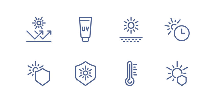 UV protection icon set, sunscreen, sunblock, sun rays, skin safety, temperature heat, solar shield, sun care, ultraviolet radiation, healthcare prevention, linear vector illustration.