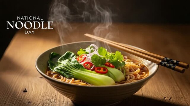 Steaming bowl of noodles with bok choy and chili for National Noodle Day