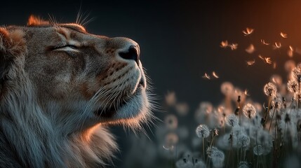 Lion, eyes closed, basking in sunlight with blowing dandelion seeds on a dark background
