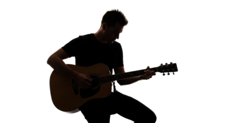Dark silhouette of male musician playing acoustic guitar passionately isolated PNG with Transparent Background