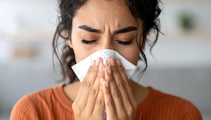 Woman with a tissue, depicting illness, allergy, or cold with a facial expression