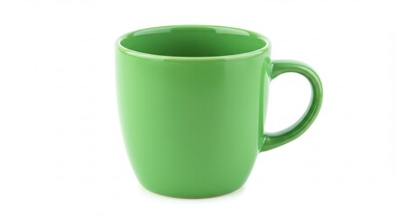 Green ceramic coffee mug isolated on white background, simple design.