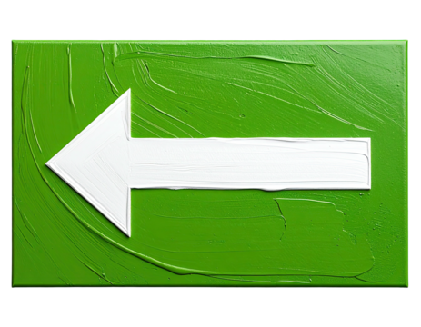 Green rectangular sign with a white left-pointing arrow, textured paint