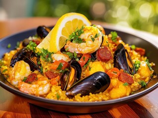 A vibrant paella with saffron-infused rice, mussels, shrimp, and chorizo, garnished with lemon wedges