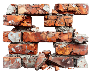 Deconstructed weathered brick wall with visible cracks and crumbled edges