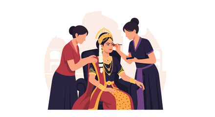 Fototapeta premium Traditional Indian Woman Being Styled by Attendants in a Festive Setting