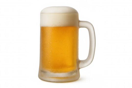 Beer mug overflowing with refreshing foam, chilled and sweating, refreshing alcoholic beverage on transparent background