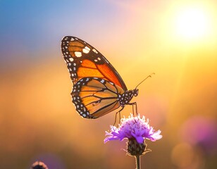 Monarch butterfly on a flower at sunrise