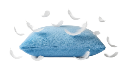 Blue pillow with feathers floating around it isolated PNG with Transparent Background