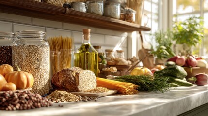 Abundant Kitchen Countertop Display of Fresh and Dried Foods.