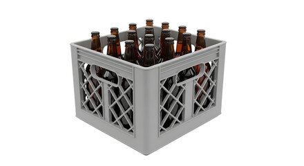 White crate of amber glass beer bottles isolated on a transparent background