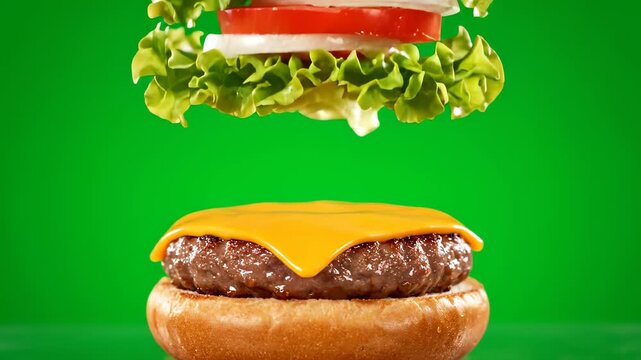 Dynamic Deconstructed Cheeseburger with Floating Ingredients on Vibrant Green Background, Ready to Assemble