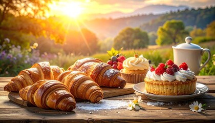 Rustic outdoor scene featuring pastries and tea at sunset