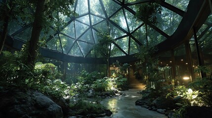 Luminous dome encloses lush greenery, foliage, & a water feature indoors. Sunlight beams through