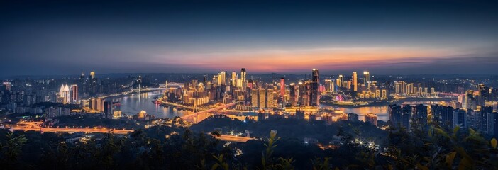 Chongqing Cityscape Twilight View from Nanshan Mountain Summit with Illuminated Skyscrapers and Yangtze River Panorama