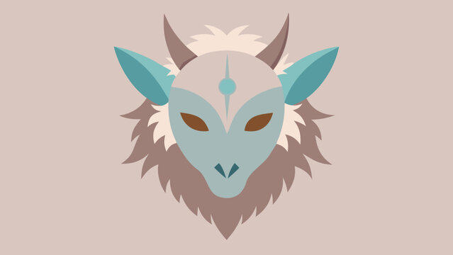 Flat illustration of a stylized kurent mask with blue accents, horns and fur details on soft beige background