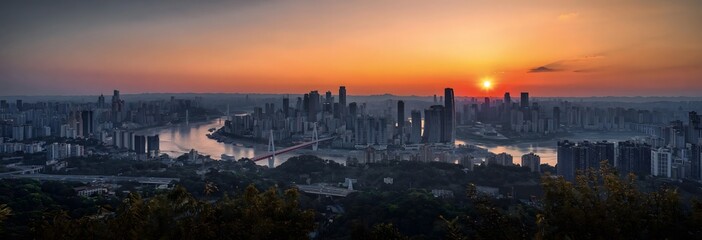 Fototapeta premium Chongqing Cityscape Sunset View from Nanshan Mountain - Golden Hour Yangtze River Panorama