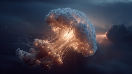 Luminous, ethereal cloud-like entity resembling jellyfish floats amid cloudy sky in dramatic light