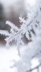 Intricate Frost Crystals Forming Star-Like Icicles on a Frozen Plant in Stunning Winter Detail
