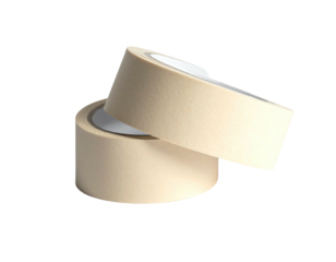 Two beige tape rolls, one atop the other, against a pure black background