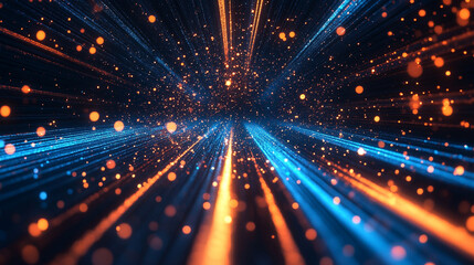 Dynamic warp speed radial light background with blue and orange streaks symbolizing energy acceleration cosmic journey and futuristic vision of limitless motion.