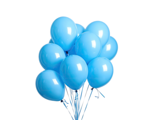 A cluster of light blue balloons floating against a black background