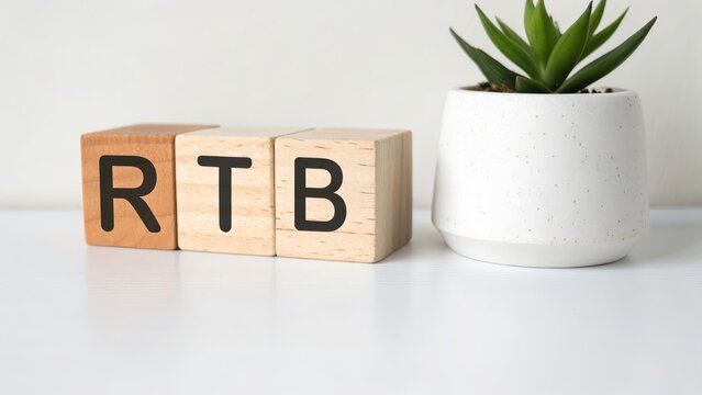 Wooden Blocks Displaying RTB Letters with Plant in the Background