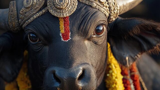 A close-up shot of a cow wearing a colorful headdress, perfect for a farm-themed image or a humorous illustration