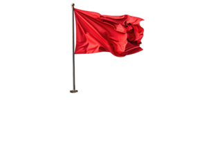 A vibrant crimson flag waves high atop a pole against a stark black background