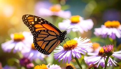 Fototapeta premium Monarch butterfly on purple flowers in sunlight