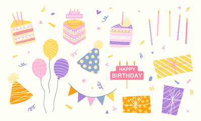Birthday celebration elements set. Hand drawn vector collection with festive icons balloons, cake, gifts, garlands,confetti. Cute decorative bundle for party invitations, poster, design projects