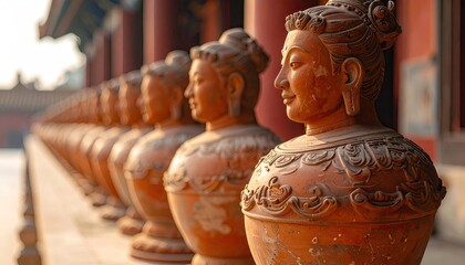 Fototapeta premium Row of Terracotta Statues in Asian Temple Architecture in Golden Light Perspective View with Red Pillars and Intricate Details