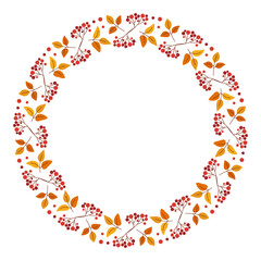 Obraz premium Seasonal circle wreath with multicolored rowan leaves, berries and copy space. Flat vector illustration. Ideal for album, card, poster, menu, scrapbooking, background, packaging