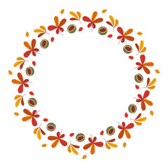 Bright autumn circle wreath with split nuts and chestnut leaves on white backdrop. Illustration in hand drawn style. Perfect design for albums, card, poster, cover, scrapbooking, invitation, label