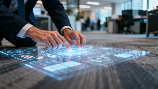 Man using futuristic interface on the floor in an office environment with modern technology display
