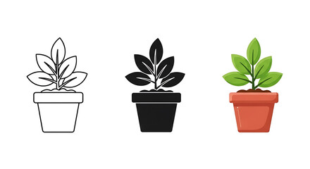 Potted Plant Vector Icon Set: Line Art, Solid Black Silhouette, and Color Illustration for Gardening and Nature

